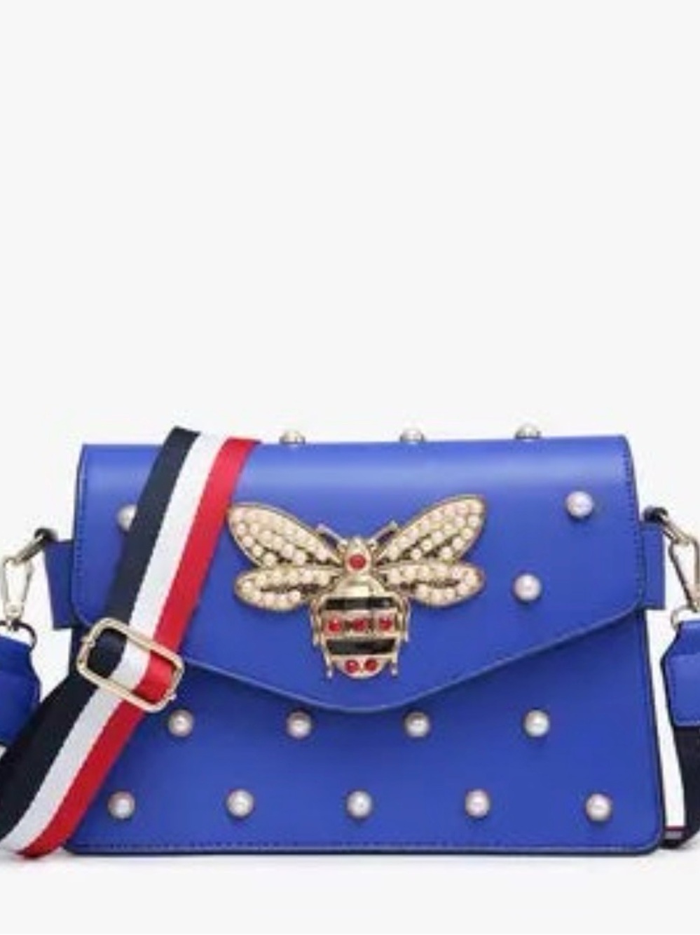 Jillian Jeweled Blue Pearl-Studded Crossbody Bag with Bee Accent